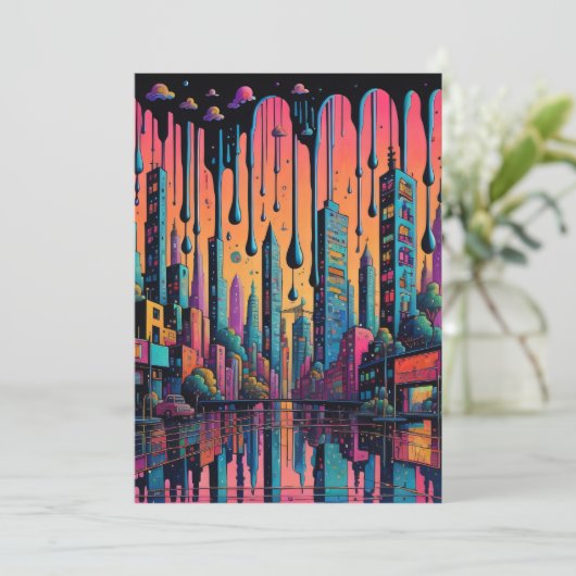 Psychedelic Drippy City Art Dankeskarte (Stehend Vorderseite)