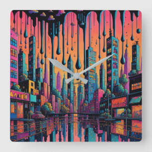 Psychedelic Drippy City Art Quadratische Wanduhr