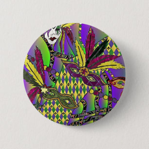 Psychedelic Feather Masks Fettdienstag Button