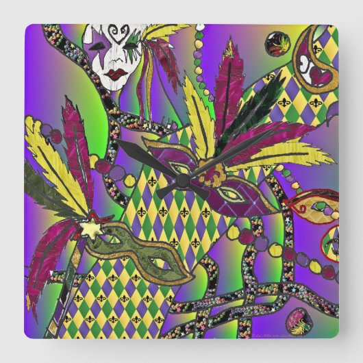 Psychedelic Feather Masks Fettdienstag Quadratische Wanduhr (Vorderseite)