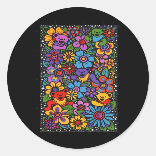 Psychedelic Flowers Dancing Bears Coloured Gratefu Runder Aufkleber (Vorderseite)