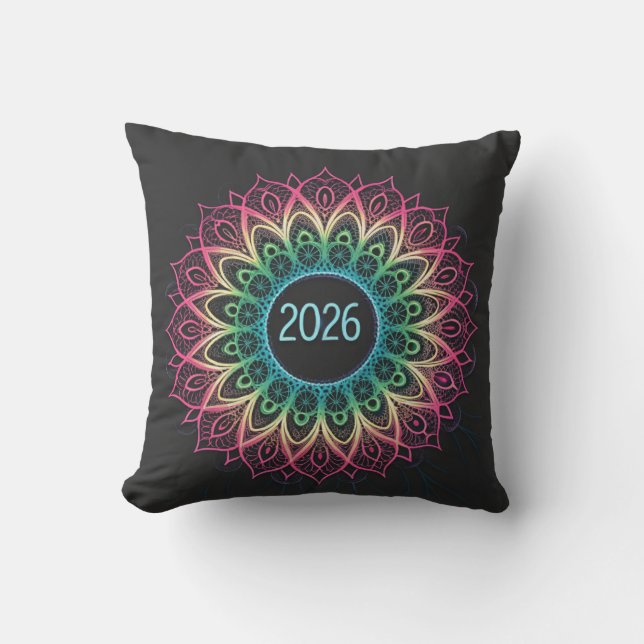 Psychedelic Fractal Mandala 2026 Design with Neon  Kissen (Vorderseite)