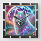 Psychedelic Galaxy Wolf Quadratische Wanduhr (Vorderseite)