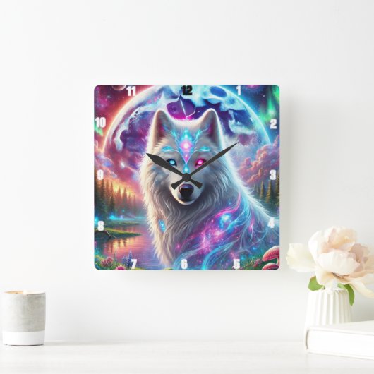 Psychedelic Galaxy Wolf Quadratische Wanduhr (Zuhause)