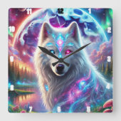 Psychedelic Galaxy Wolf Quadratische Wanduhr (Vorderseite)