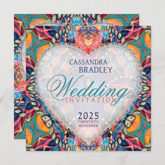 Psychedelic Glam Crystal Heart Wedding Einladung (Vorne/Hinten)