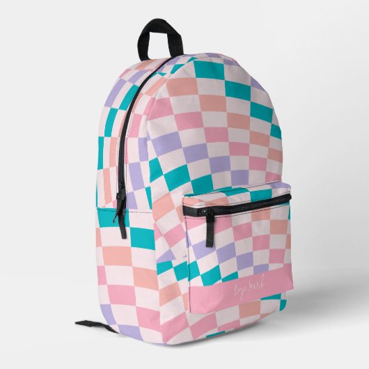 Psychedelic Groovy Checkerboard Bedruckter Rucksack (Rückseitige Ecke links)