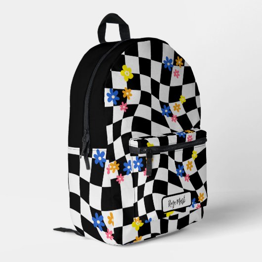 Psychedelic Groovy Daisy Checkerboard, Y2K 90s Bedruckter Rucksack (Rückseitige Ecke links)
