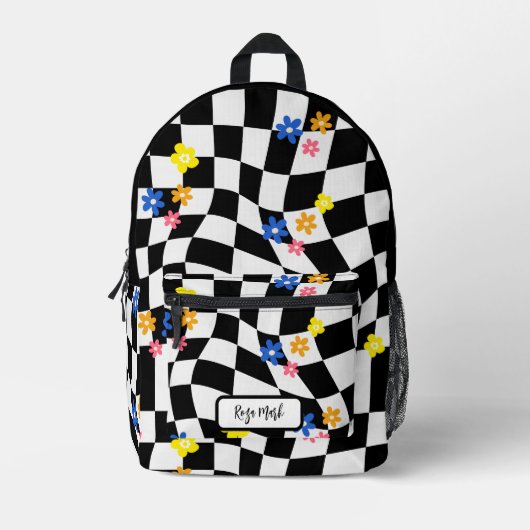 Psychedelic Groovy Daisy Checkerboard, Y2K 90s Bedruckter Rucksack (Vorderseite)