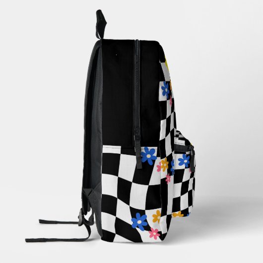 Psychedelic Groovy Daisy Checkerboard, Y2K 90s Bedruckter Rucksack (Links)