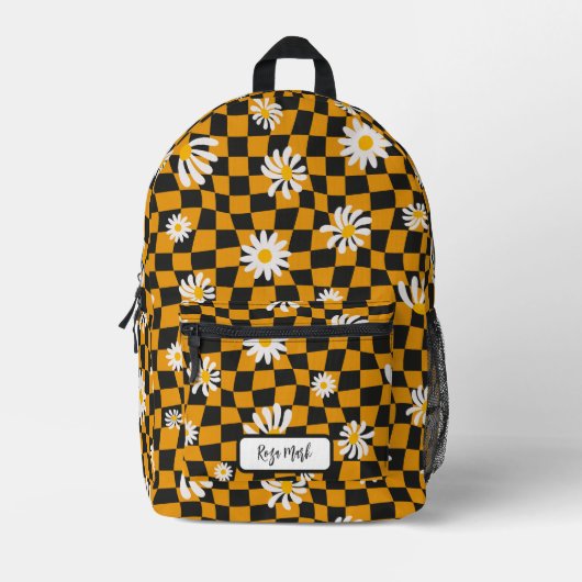 Psychedelic Groovy Daisy Checkerboard, Y2K 90s Bedruckter Rucksack (Vorderseite)