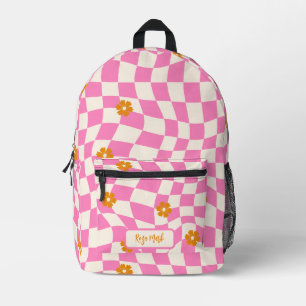Psychedelic Groovy Daisy Checkerboard, Y2K 90s Bedruckter Rucksack
