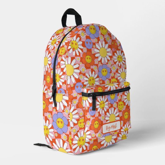 Psychedelic Groovy Daisy Checkerboard, Y2K 90s Bedruckter Rucksack (Rückseitige Ecke links)