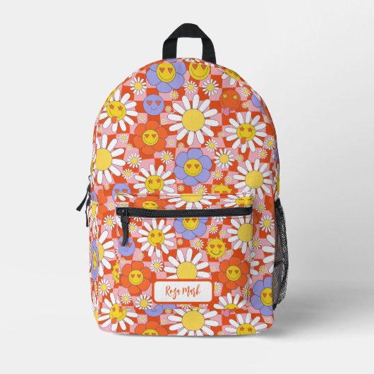 Psychedelic Groovy Daisy Checkerboard, Y2K 90s Bedruckter Rucksack (Vorderseite)