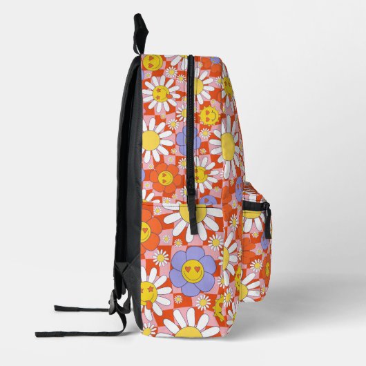 Psychedelic Groovy Daisy Checkerboard, Y2K 90s Bedruckter Rucksack (Links)