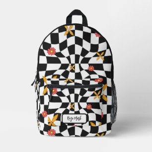 Psychedelic Groovy Daisy Checkerboard, Y2K 90s Bedruckter Rucksack