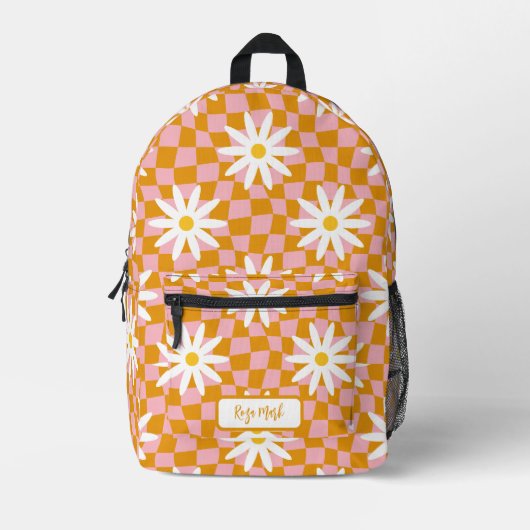 Psychedelic Groovy Daisy Checkerboard, Y2K 90s Bedruckter Rucksack (Vorderseite)