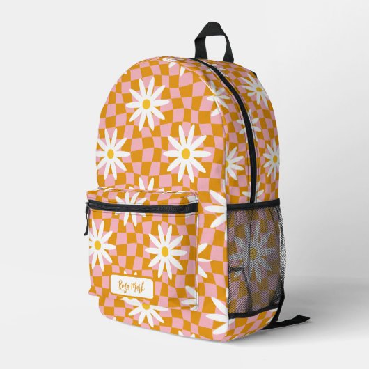 Psychedelic Groovy Daisy Checkerboard, Y2K 90s Bedruckter Rucksack (Rückseitige Ecke Rechts)