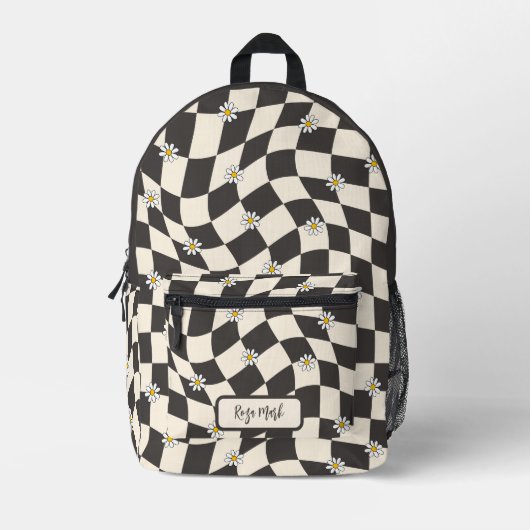 Psychedelic Groovy Daisy Checkerboard, Y2K 90s Bedruckter Rucksack (Vorderseite)