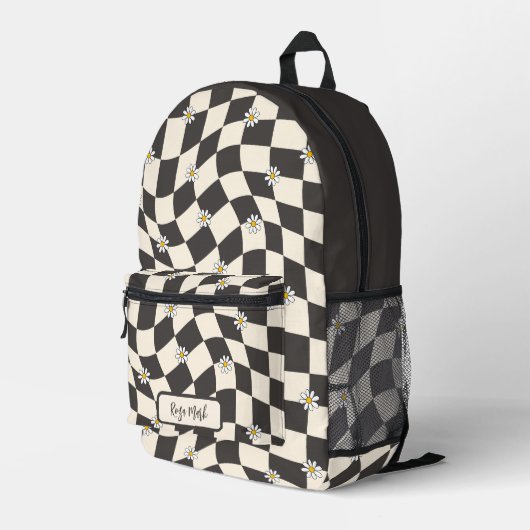 Psychedelic Groovy Daisy Checkerboard, Y2K 90s Bedruckter Rucksack (Rückseitige Ecke Rechts)