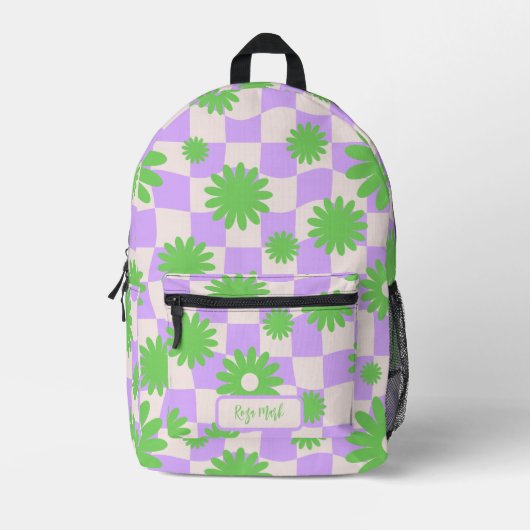 Psychedelic Groovy Daisy Floral Checkerboard Bedruckter Rucksack (Vorderseite)
