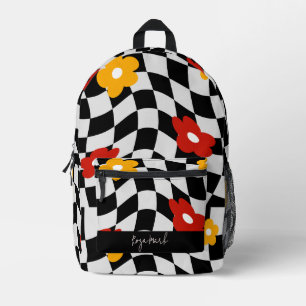 Psychedelic Groovy Floral Checkerboard, Y2K 90s Bedruckter Rucksack