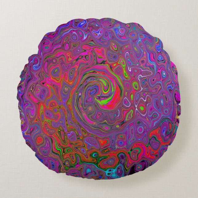 Psychedelic Groovy Magenta Retro Liquid Swirl Rundes Kissen (Vorderseite)