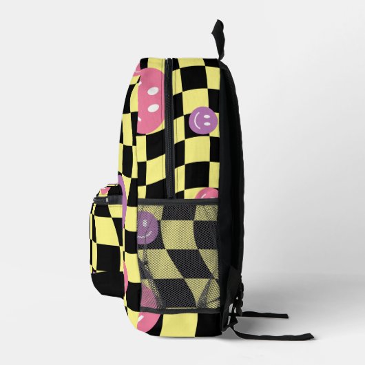 Psychedelic Groovy Smiley Checkerboard, Y2K 90s Bedruckter Rucksack (Rechts)
