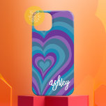 Psychedelic Hearts Calligrafy Script Name Lila iPhone 16 Hülle<br><div class="desc">Ein trendiges Herzmuster mit verrückten lila und blauen Farben. Das moderne Drehbuch mit swashes fügt diesem Retro-Design eine moderne Touch hinzu. Fügen Sie Ihren Namen hinzu oder löschen Sie den Text für ein lustiges weibliches Cover.</div>