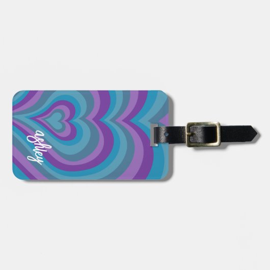 Psychedelic Hearts Calligrafy Script Name Lila Gepäckanhänger (Vorderseite horizontal)