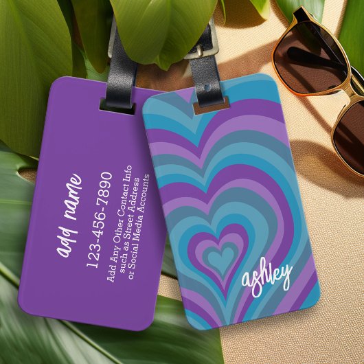 Psychedelic Hearts Kalligrafie-Schriftname Lila Gepäckanhänger