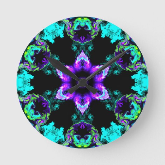Psychedelic Hippie Flower Purple Teal and Black Runde Wanduhr (Vorderseite)