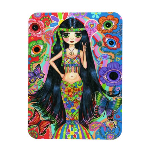 Psychedelic Hippie Girl Mermaid Peace Sign Groovy Magnet (Vertikal)