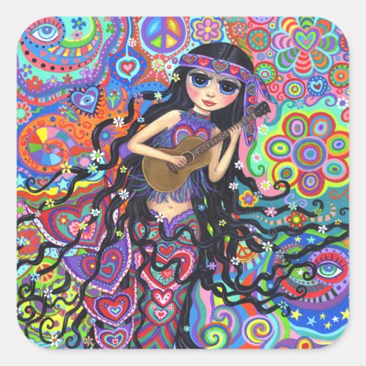 Psychedelic Hippie Mermaid Girl Playing Guitar Quadratischer Aufkleber (Vorderseite)