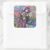 Psychedelic Hippie Mermaid Girl Playing Guitar Quadratischer Aufkleber (Tasche)
