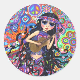 Psychedelic Hippie Mermaid Girl Playing Guitar Runder Aufkleber
