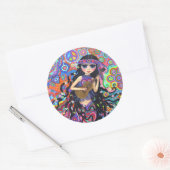 Psychedelic Hippie Mermaid Girl Playing Guitar Runder Aufkleber (Umschlag)