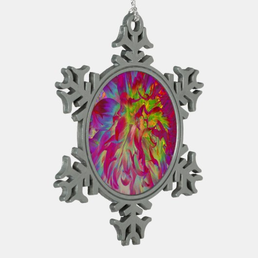 Psychedelic Magenta und Yellow Dahlia Blume Schneeflocken Zinn-Ornament (Links)