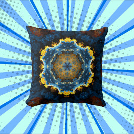 Psychedelic Mandala Blume Blau Gelb und Orange Kissen