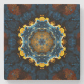 Psychedelic Mandala Blume Blau Gelb und Orange Steinuntersetzer (Vorderseite)