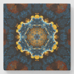 Psychedelic Mandala Blume Blau Gelb und Orange Steinuntersetzer