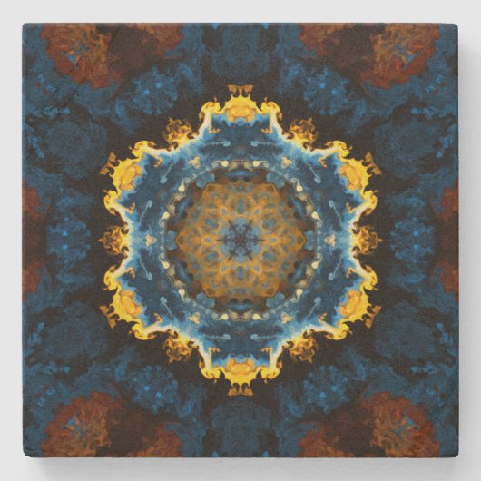 Psychedelic Mandala Blume Blau Gelb und Orange Steinuntersetzer (Vorderseite)