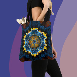 Psychedelic Mandala Blume Blau Gelb und Orange Tasche