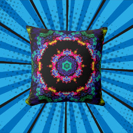 Psychedelic Mandala Blume Blau Grün und Gelb Kissen