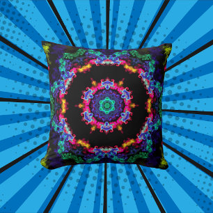 Psychedelic Mandala Blume Blau Grün und Gelb Kissen
