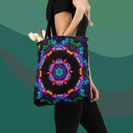 Psychedelic Mandala Blume Blau Grün und Gelb Tasche