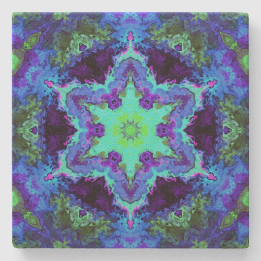 Psychedelic Mandala Blume Blau Grün und Lila Steinuntersetzer (Vorderseite)
