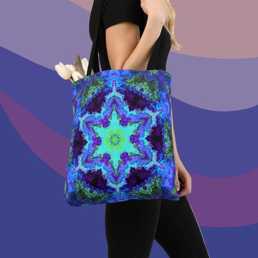 Psychedelic Mandala Blume Blau Grün und Lila Tasche