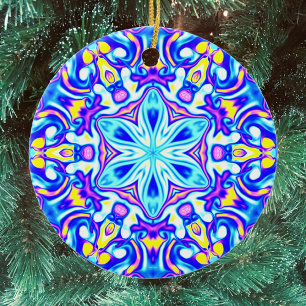 Psychedelic Mandala Blume Blau Lila und Gelb Keramik Ornament