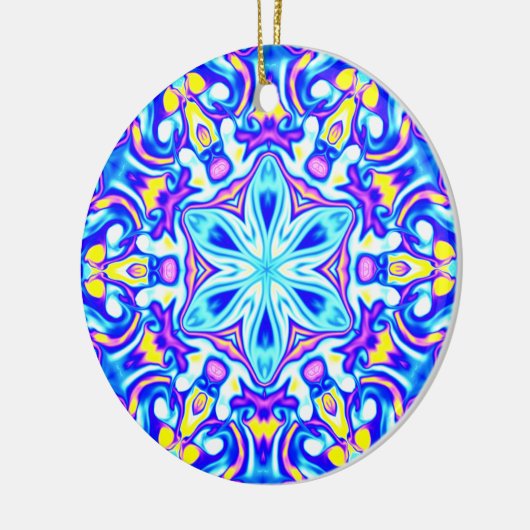 Psychedelic Mandala Blume Blau Lila und Gelb Keramik Ornament (Links)